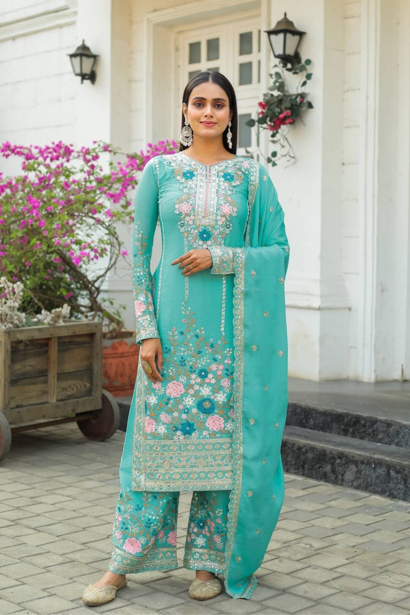 Designer Sharara Kurta Dupatta Set Heavy Chinon Silk