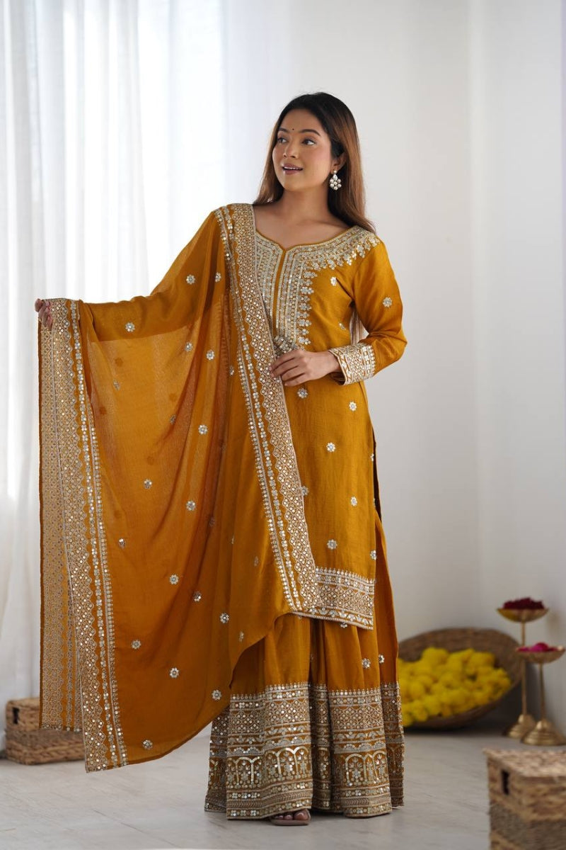 Designer Sharara Kurta Dupatta Set in Pure Chinnon Silk
