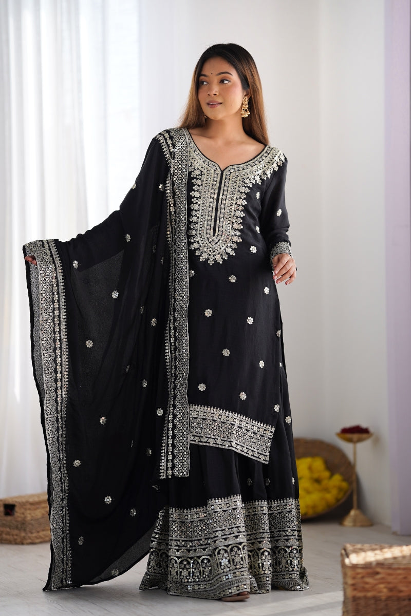 Designer Sharara Kurta Dupatta Set in Pure Chinnon Silk