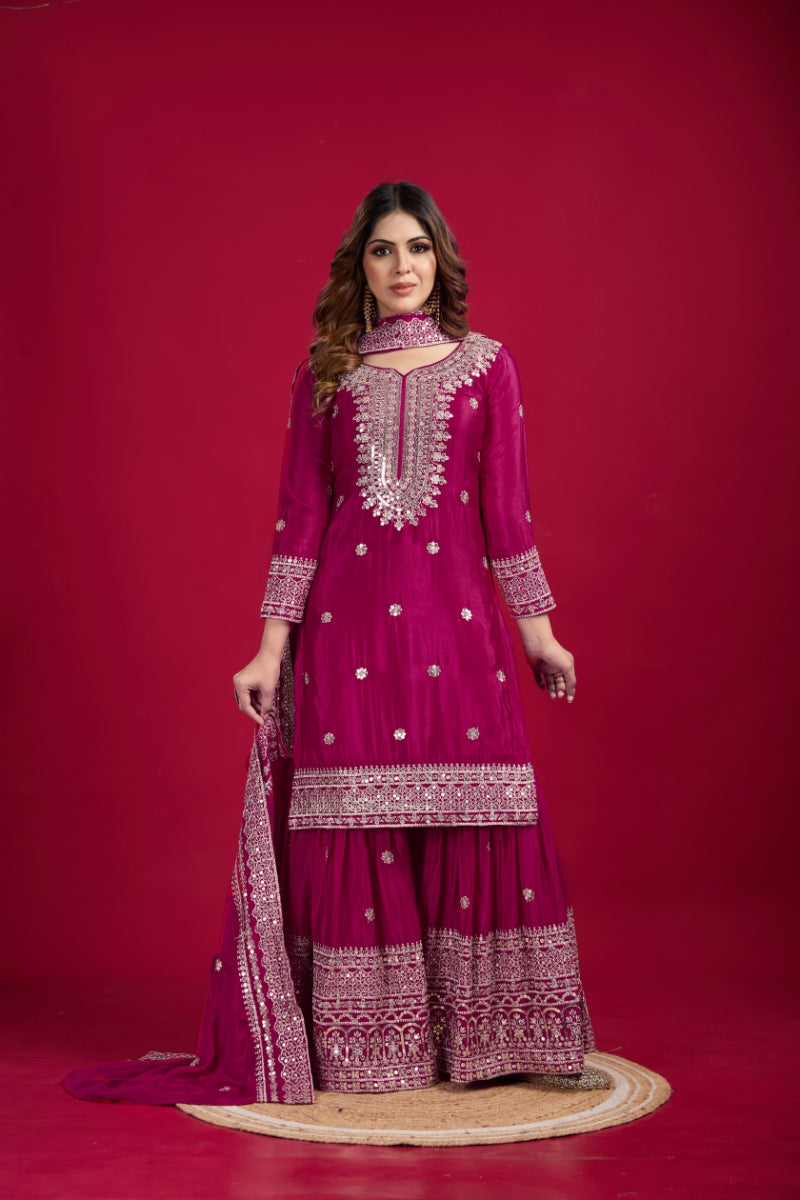 Designer Sharara Kurta Dupatta Set in Pure Chinnon Silk