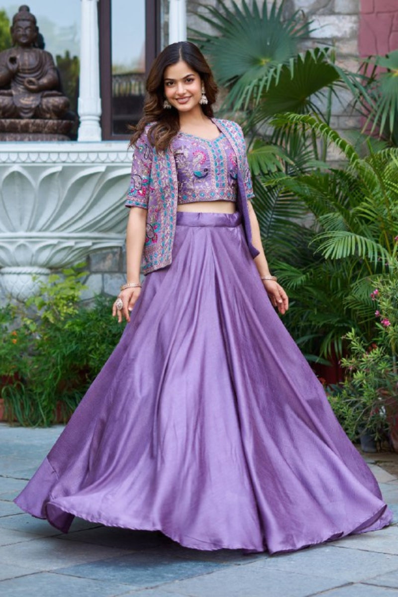 Designer Vichitra Lehenga Set with Embroidered Choli & Jacket
