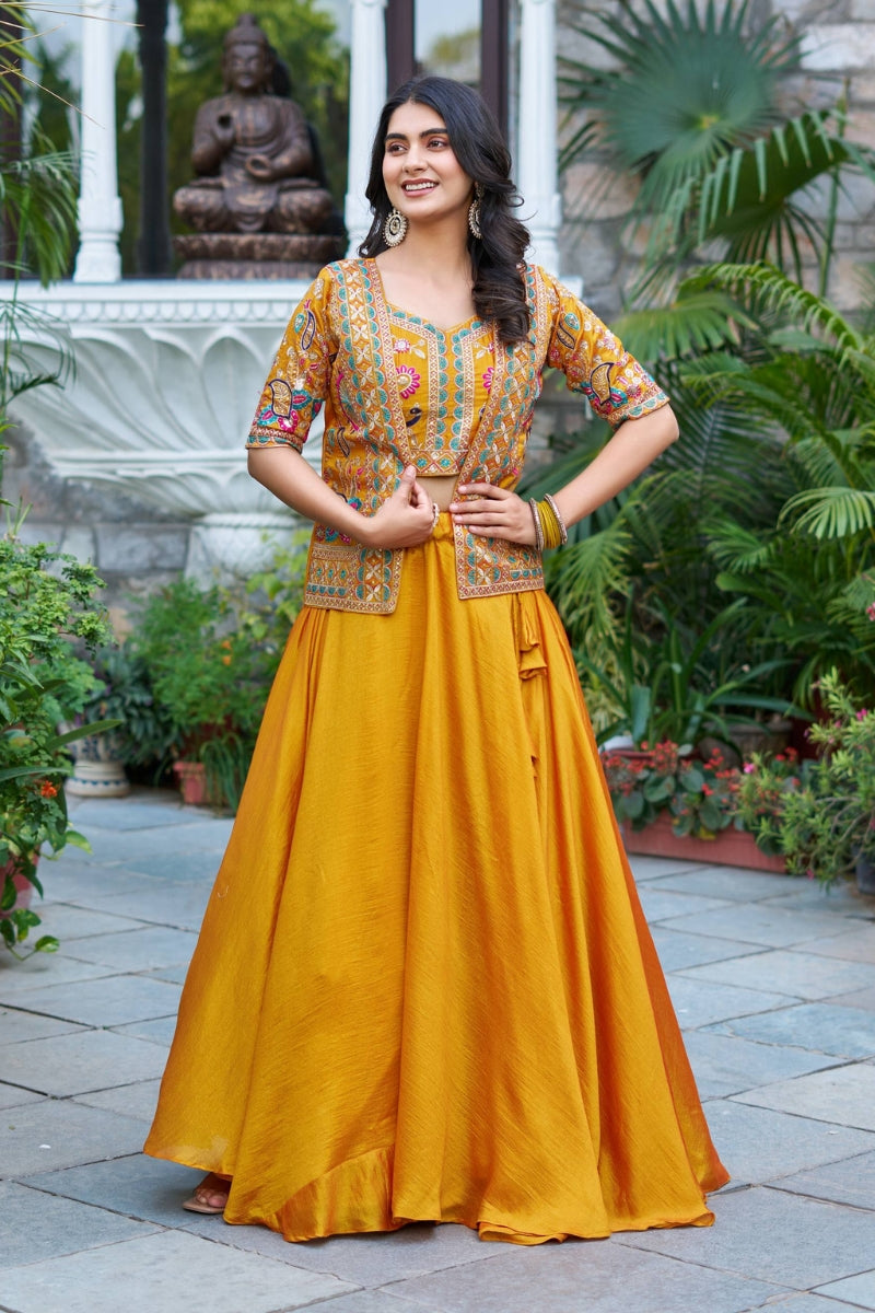 Designer Vichitra Lehenga Set with Embroidered Choli & Jacket