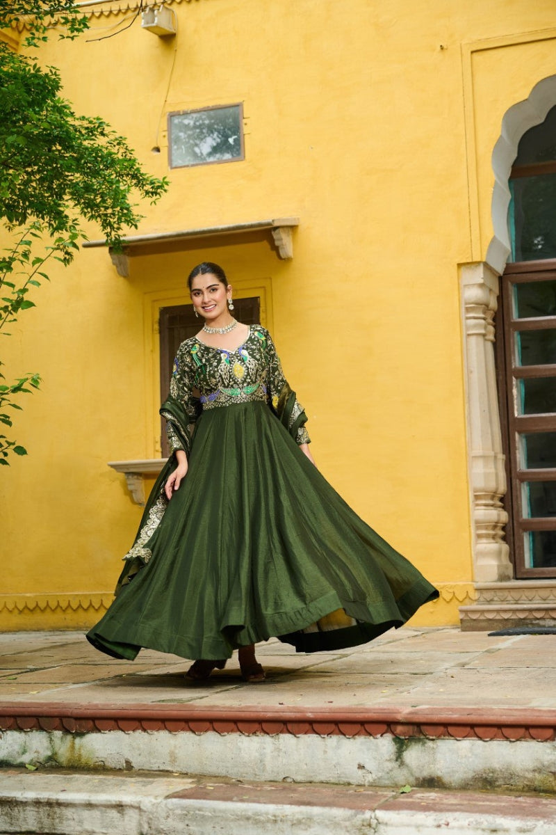Designer Embroidered Vichitra Gown with Zari Work Dupatta