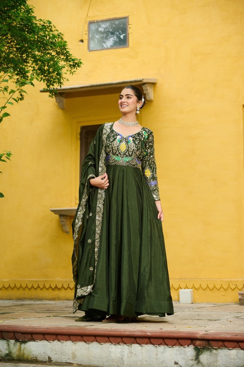 Designer Embroidered Vichitra Gown with Zari Work Dupatta
