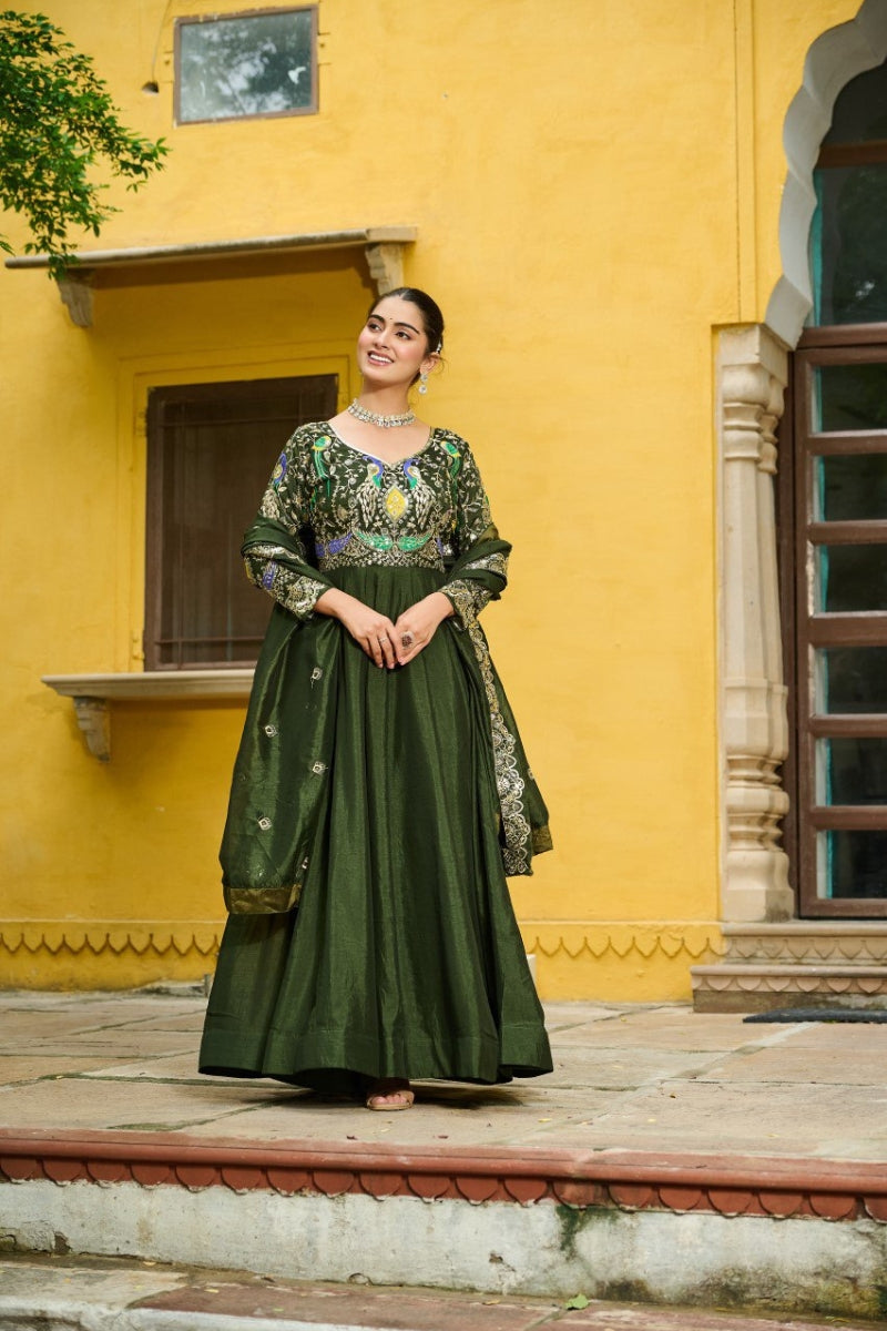 Designer Embroidered Vichitra Gown with Zari Work Dupatta