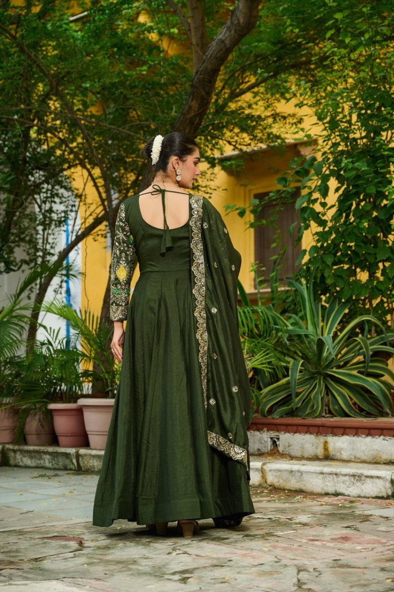 Designer Embroidered Vichitra Gown with Zari Work Dupatta