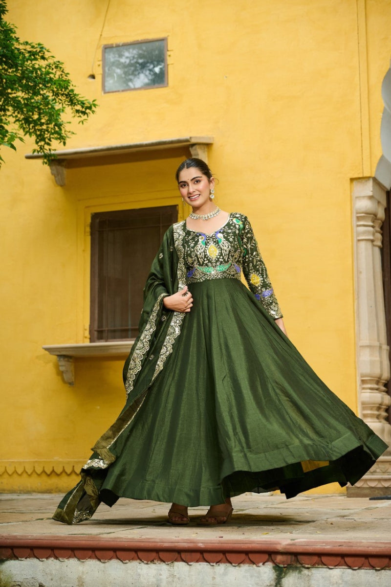 Designer Embroidered Vichitra Gown with Zari Work Dupatta