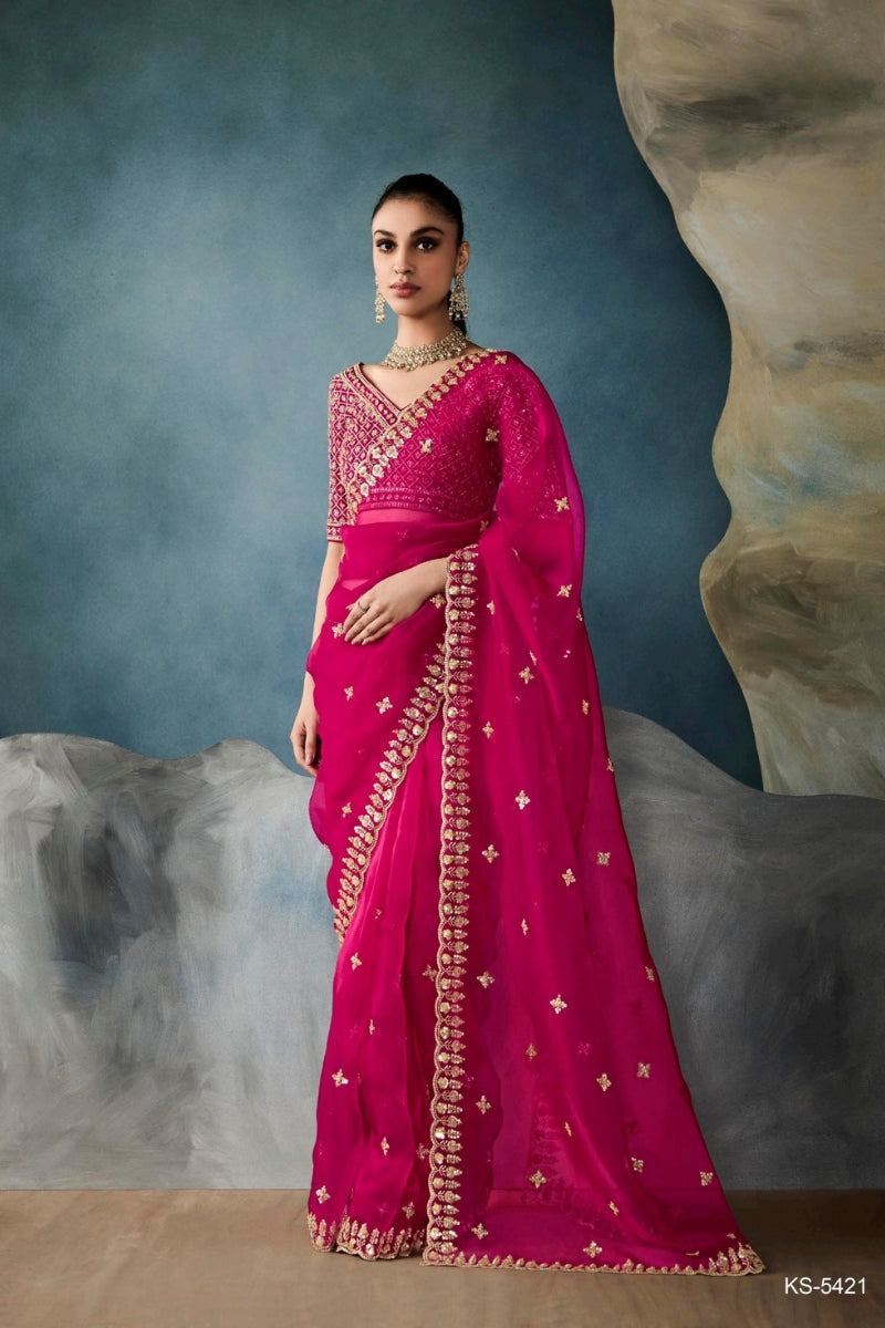 Designer Fancy Fabric Saree with Hand Embroidered