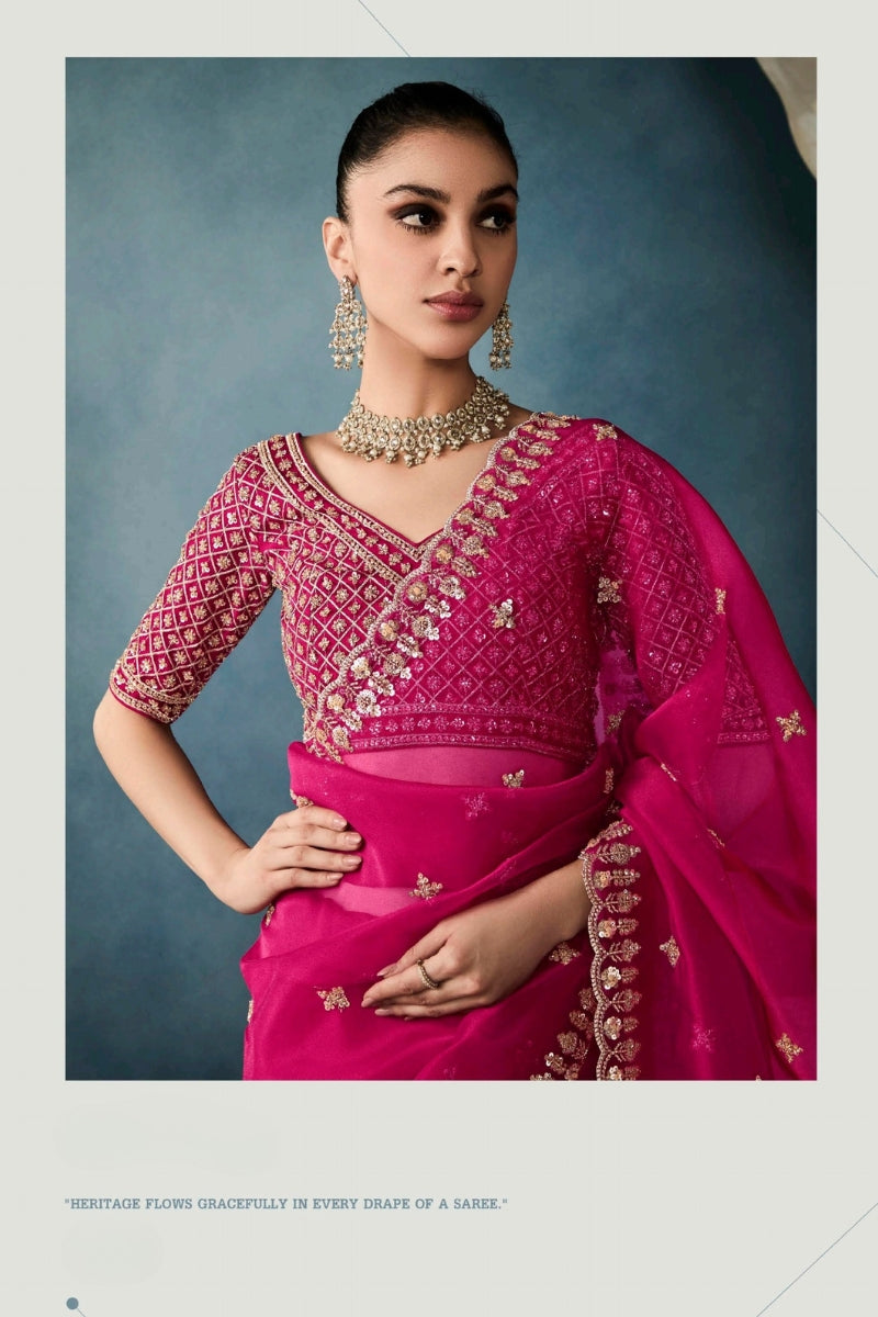 Designer Fancy Fabric Saree with Hand Embroidered
