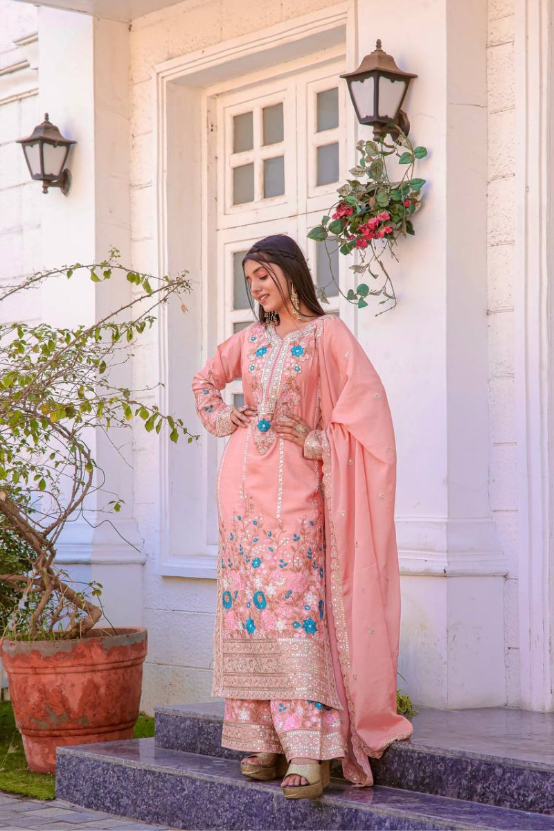 Designer Sharara Kurta Dupatta Set Heavy Chinon Silk
