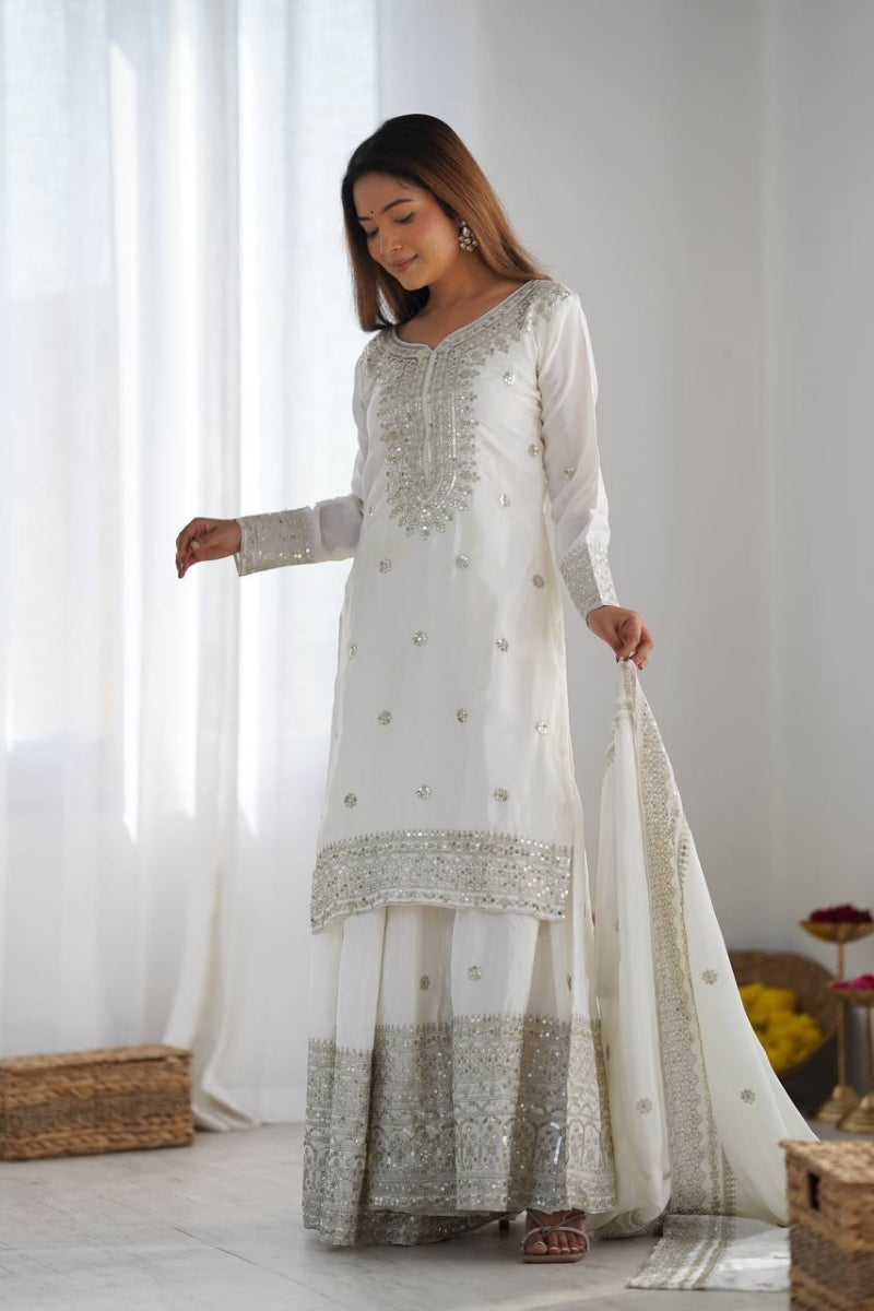 Designer Sharara Kurta Dupatta Set in Pure Chinnon Silk