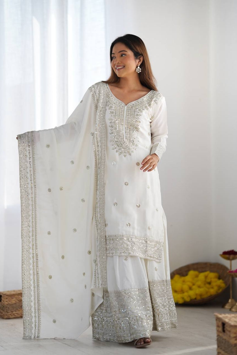 Designer Sharara Kurta Dupatta Set in Pure Chinnon Silk