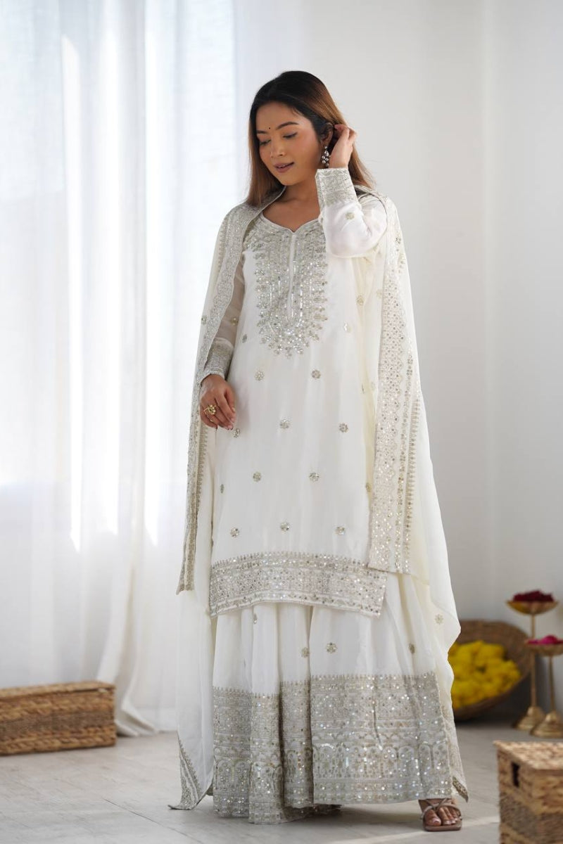 Designer Sharara Kurta Dupatta Set in Pure Chinnon Silk