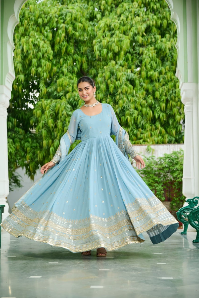 Dusty Faux Georgette Gown & Embroidered Dupatta Set
