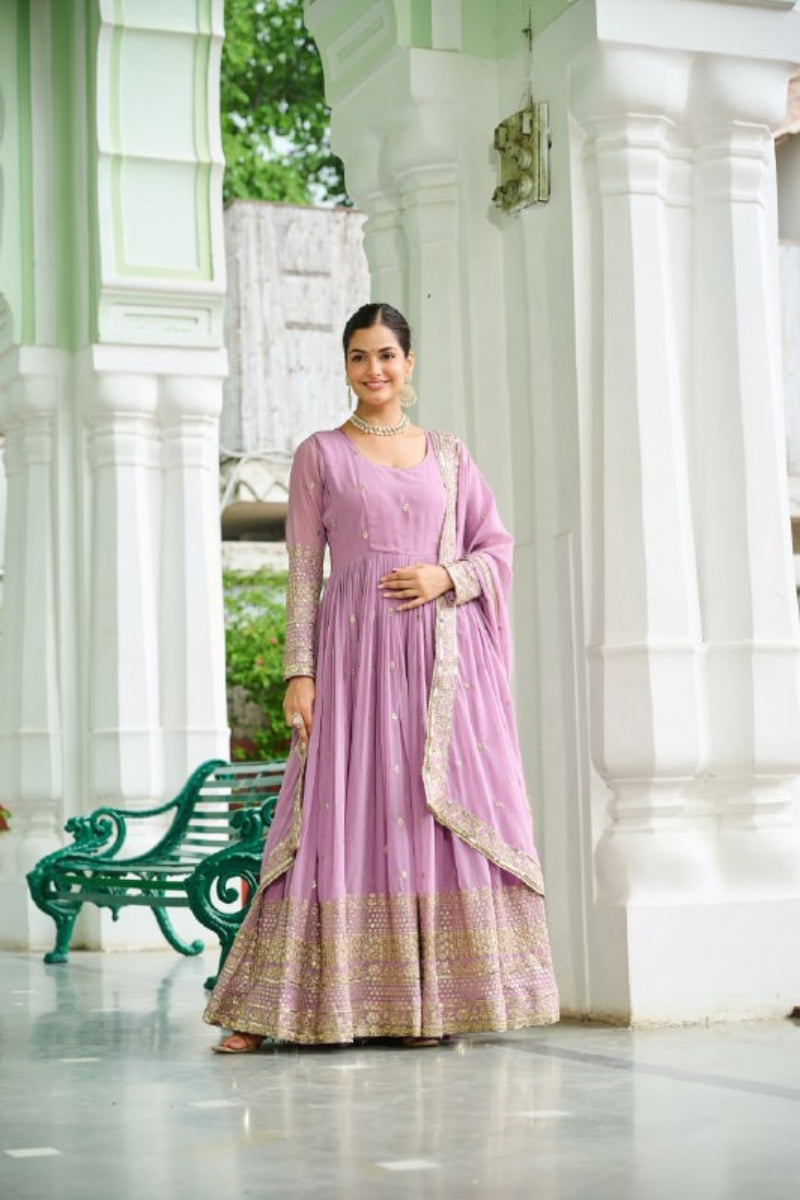 Dusty Faux Georgette Gown & Embroidered Dupatta Set