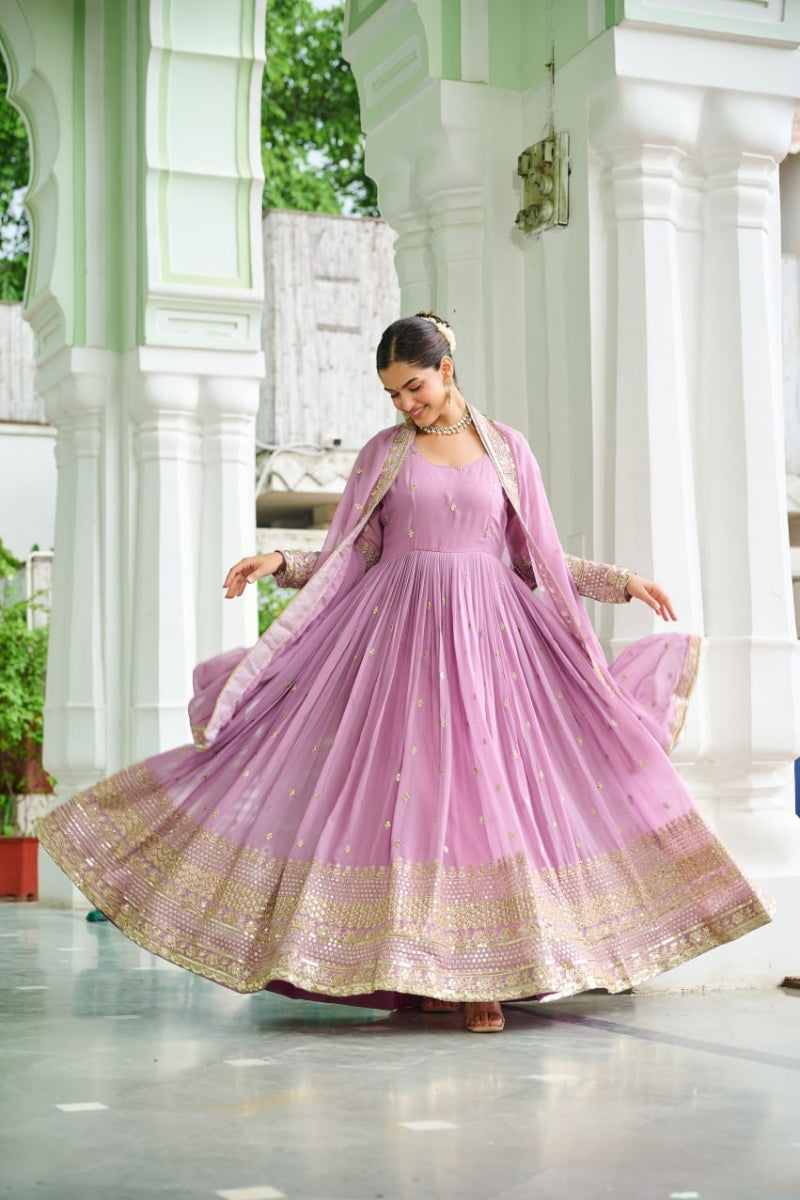 Dusty Faux Georgette Gown & Embroidered Dupatta Set