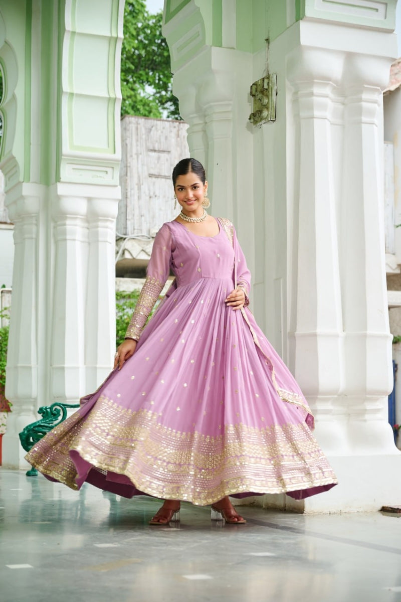 Dusty Faux Georgette Gown & Embroidered Dupatta Set
