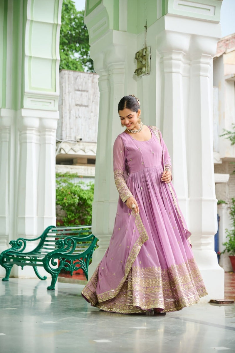 Dusty Faux Georgette Gown & Embroidered Dupatta Set