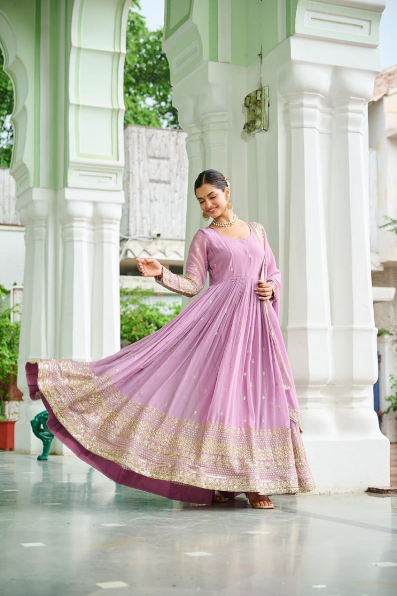 Dusty Faux Georgette Gown & Embroidered Dupatta Set