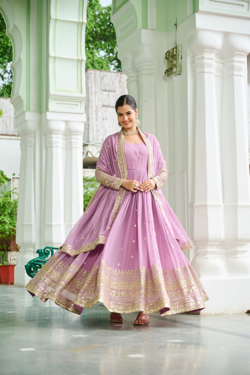 Dusty Faux Georgette Gown & Embroidered Dupatta Set