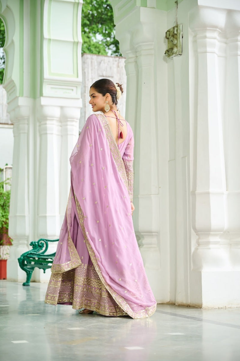 Dusty Faux Georgette Gown & Embroidered Dupatta Set