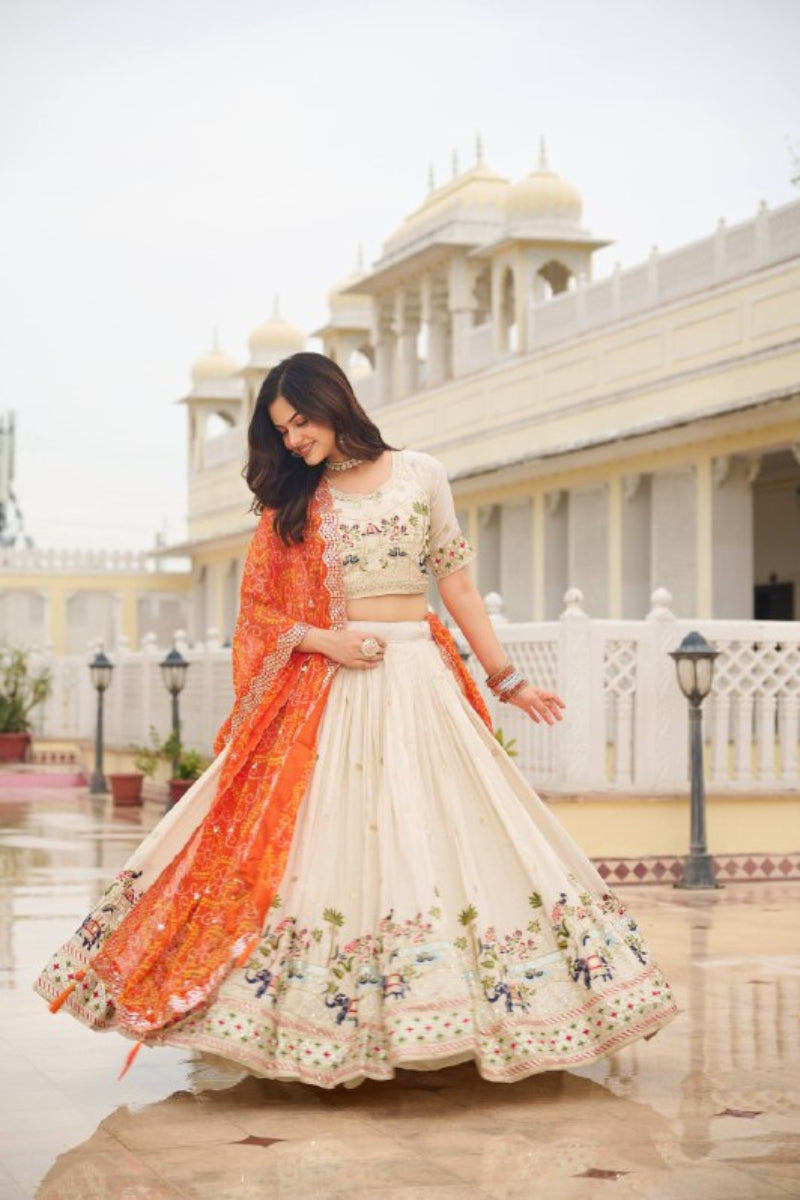 Elegant Pure Tissue Silk Lehenga & Choli with Bandhej Dupatta