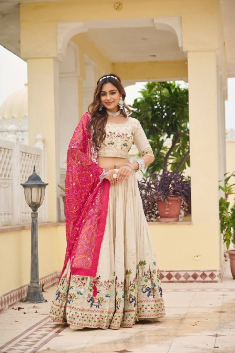 Elegant Pure Tissue Silk Lehenga & Choli with Bandhej Dupatta