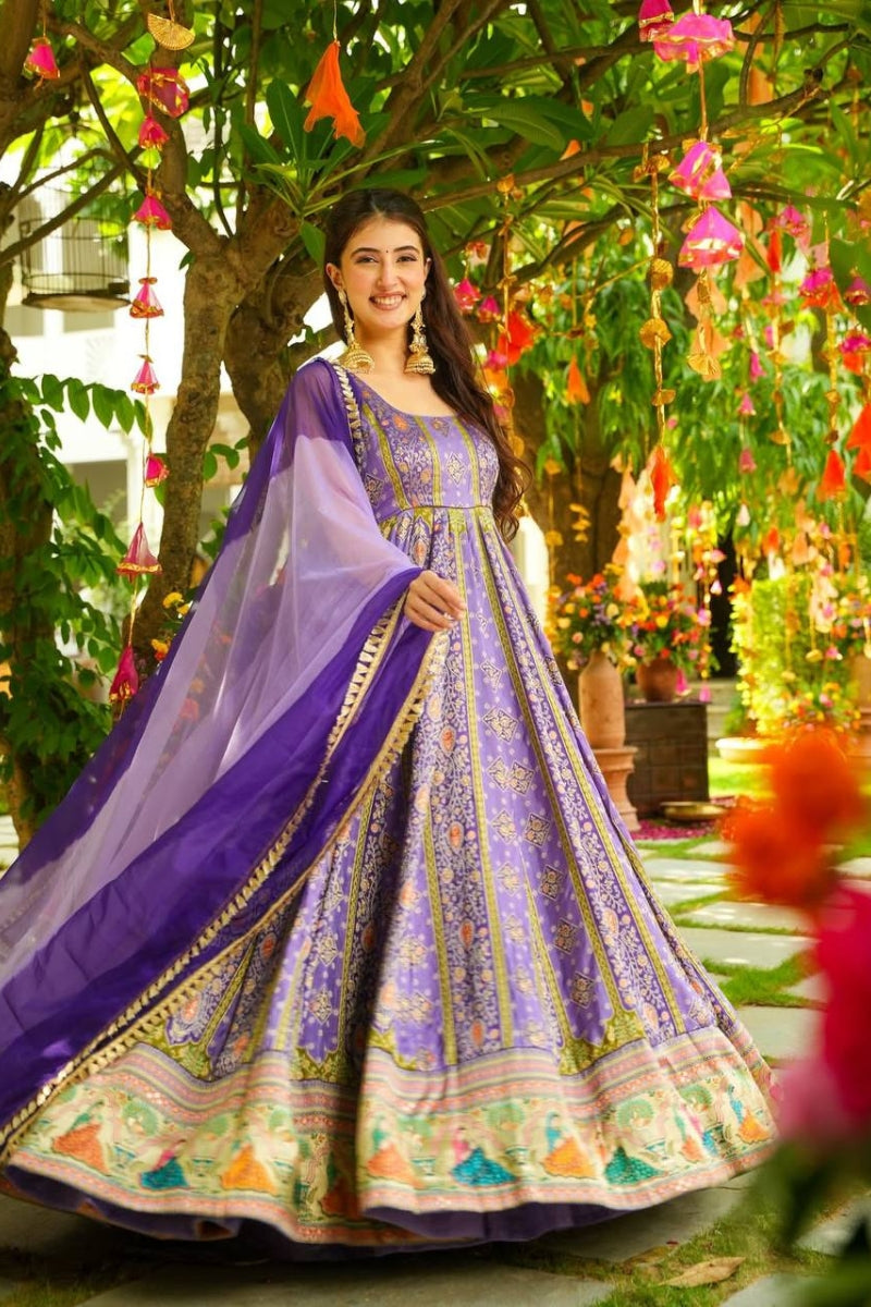 Elegant Floral Print Gown in Chinon Silk with Organza Dupatta