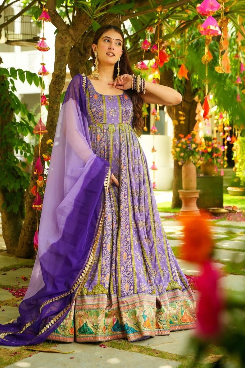 Elegant Floral Print Gown in Chinon Silk with Organza Dupatta