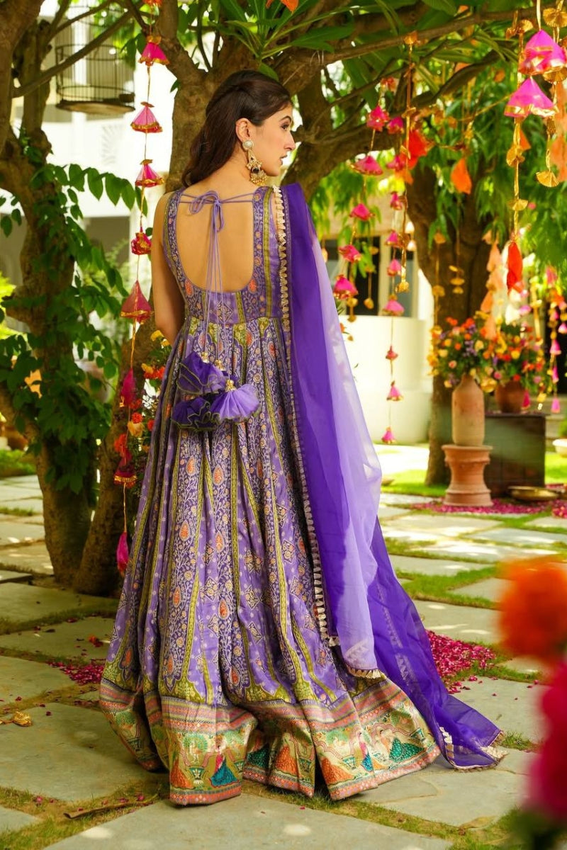 Elegant Floral Print Gown in Chinon Silk with Organza Dupatta