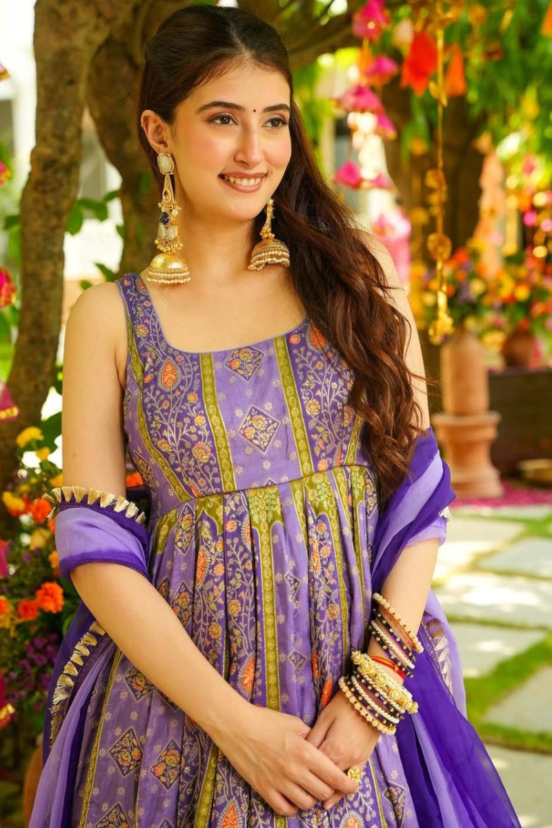 Elegant Floral Print Gown in Chinon Silk with Organza Dupatta