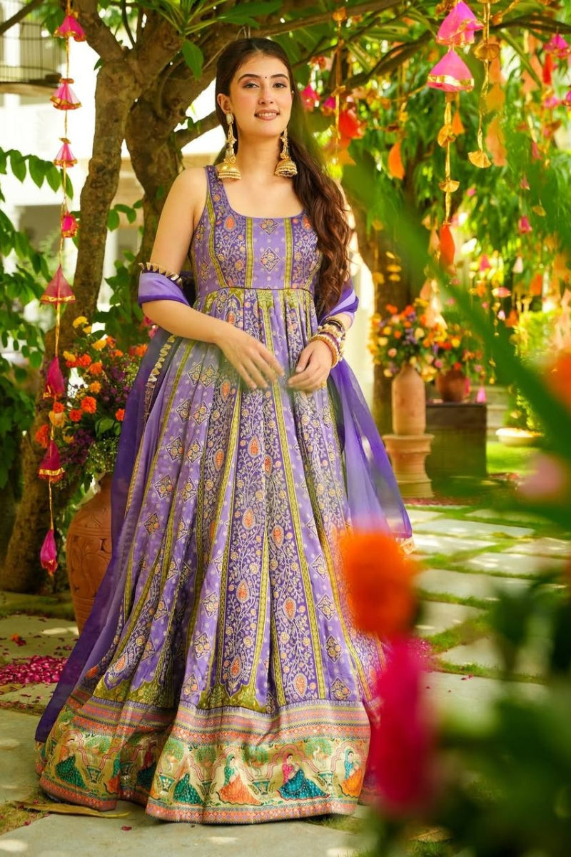 Elegant Floral Print Gown in Chinon Silk with Organza Dupatta