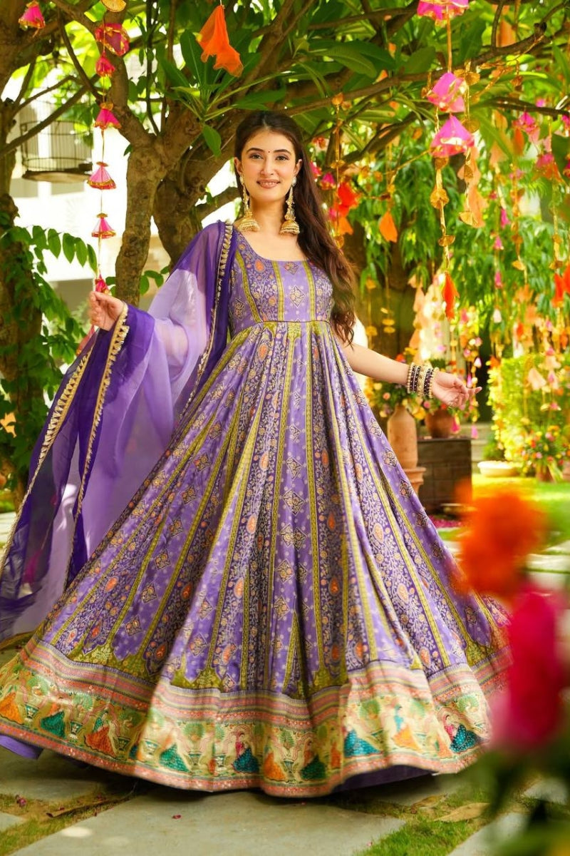 Elegant Floral Print Gown in Chinon Silk with Organza Dupatta