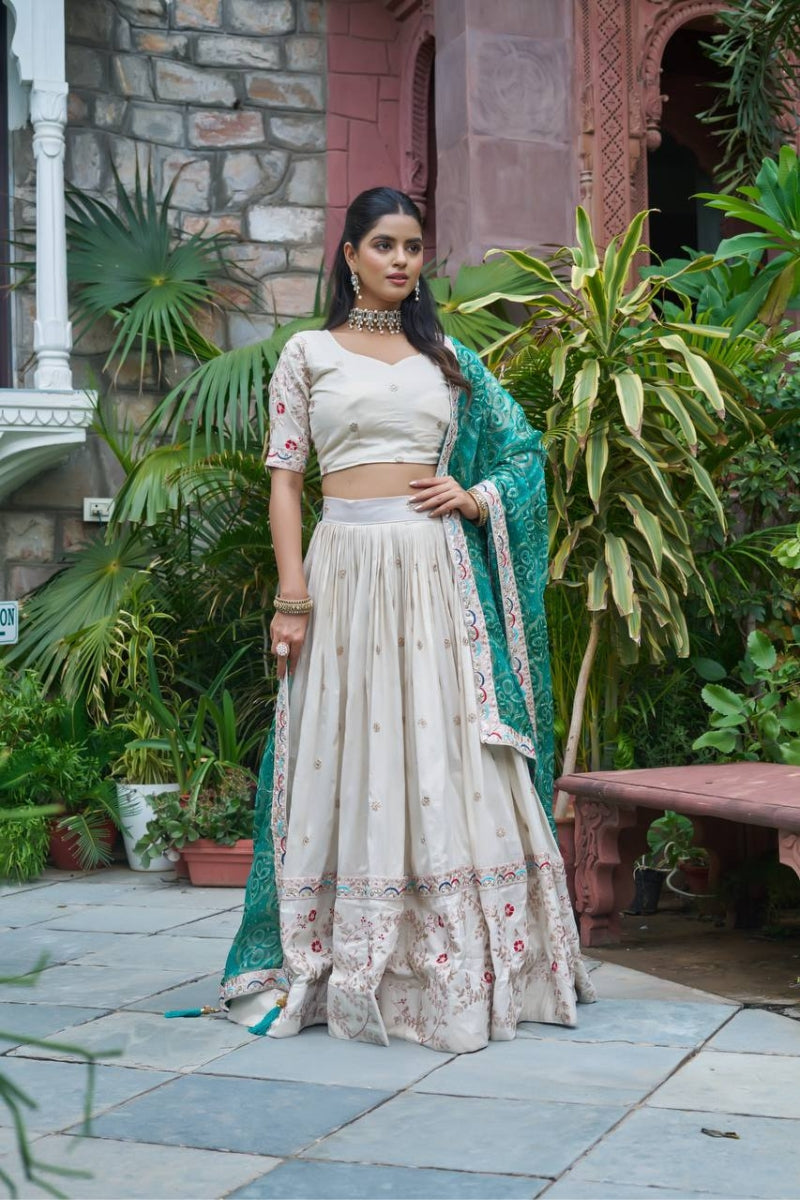 Embroidered Tissue Silk Lehenga Choli Set with Bandhani Dupatta