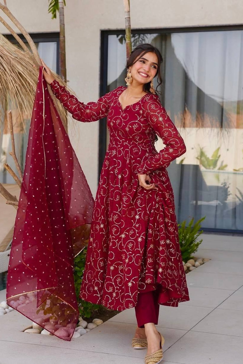 Embroidered Anarkali Gown Set with Dupatta & Pants