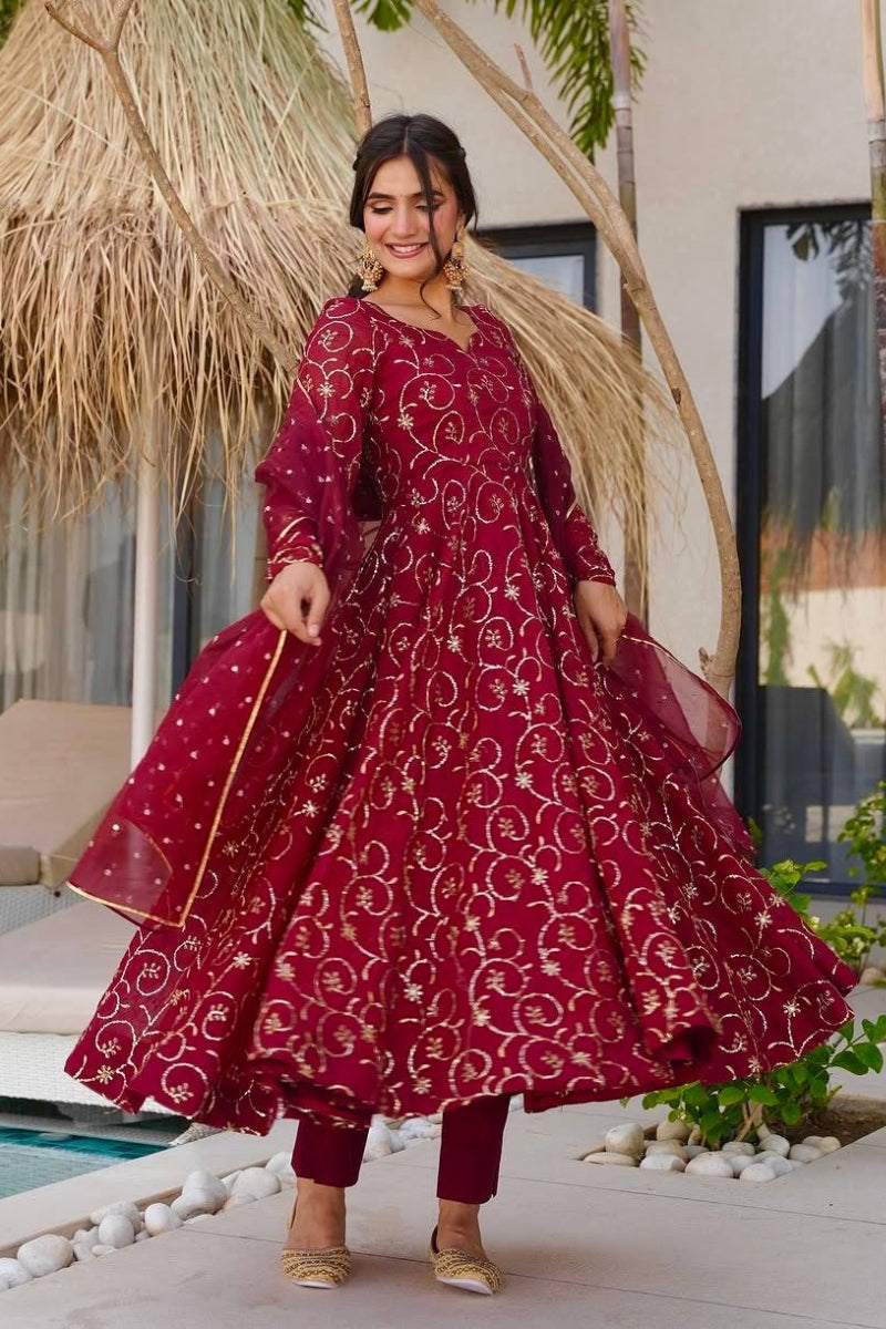Embroidered Anarkali Gown Set with Dupatta & Pants