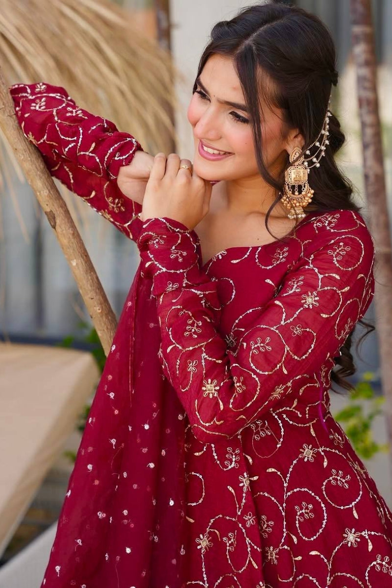 Embroidered Anarkali Gown Set with Dupatta & Pants