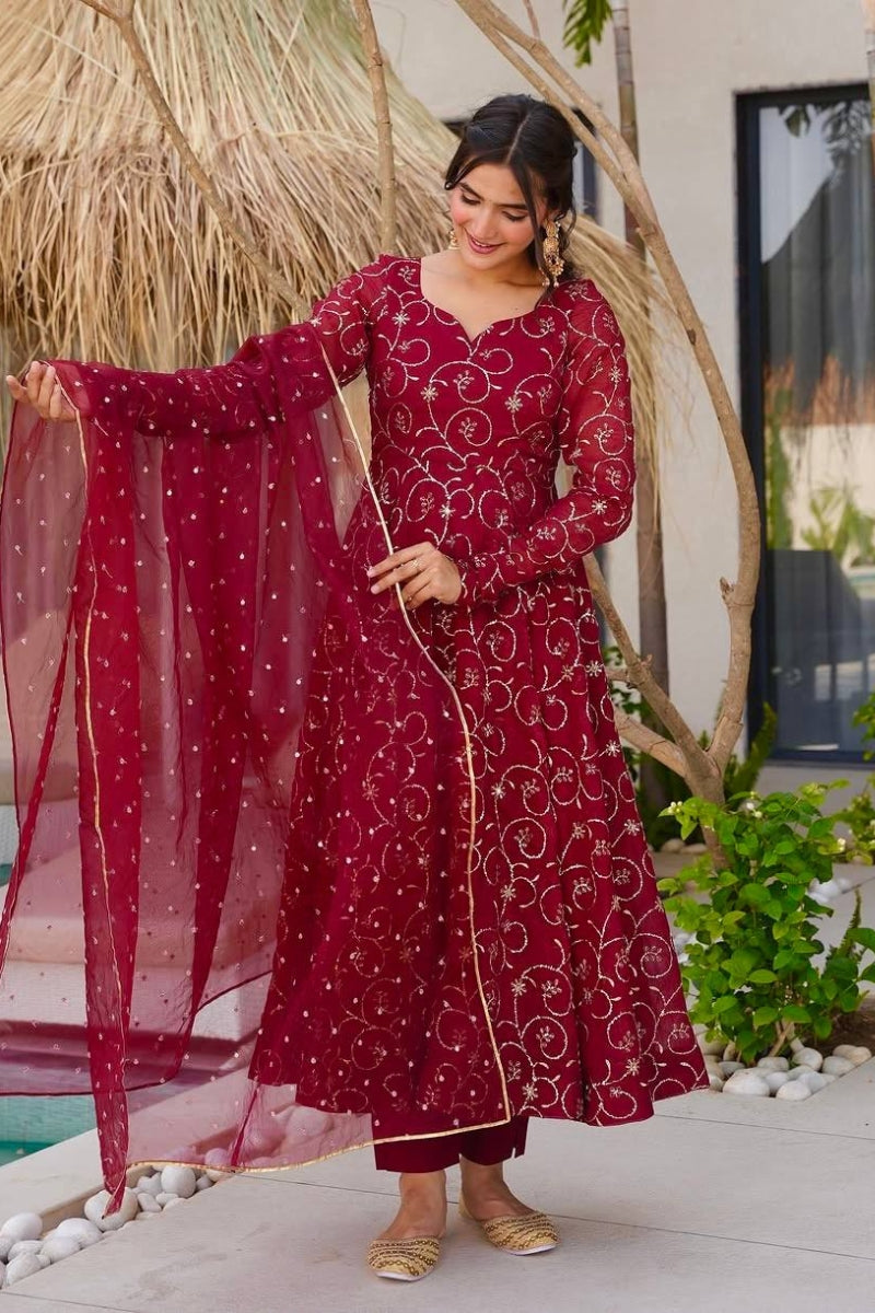 Embroidered Anarkali Gown Set with Dupatta & Pants