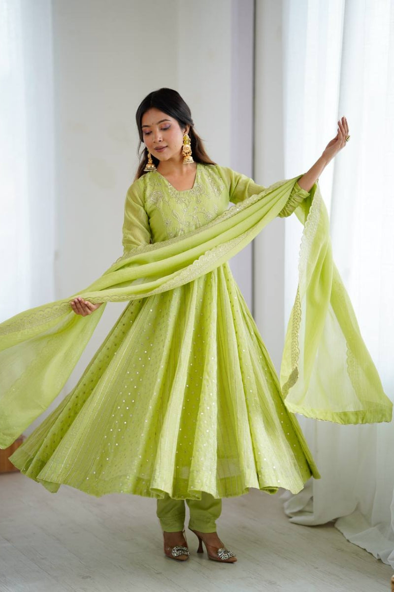 Embroidered Crunchy Silk Anarkali Gown Set with Pant & Dupatta