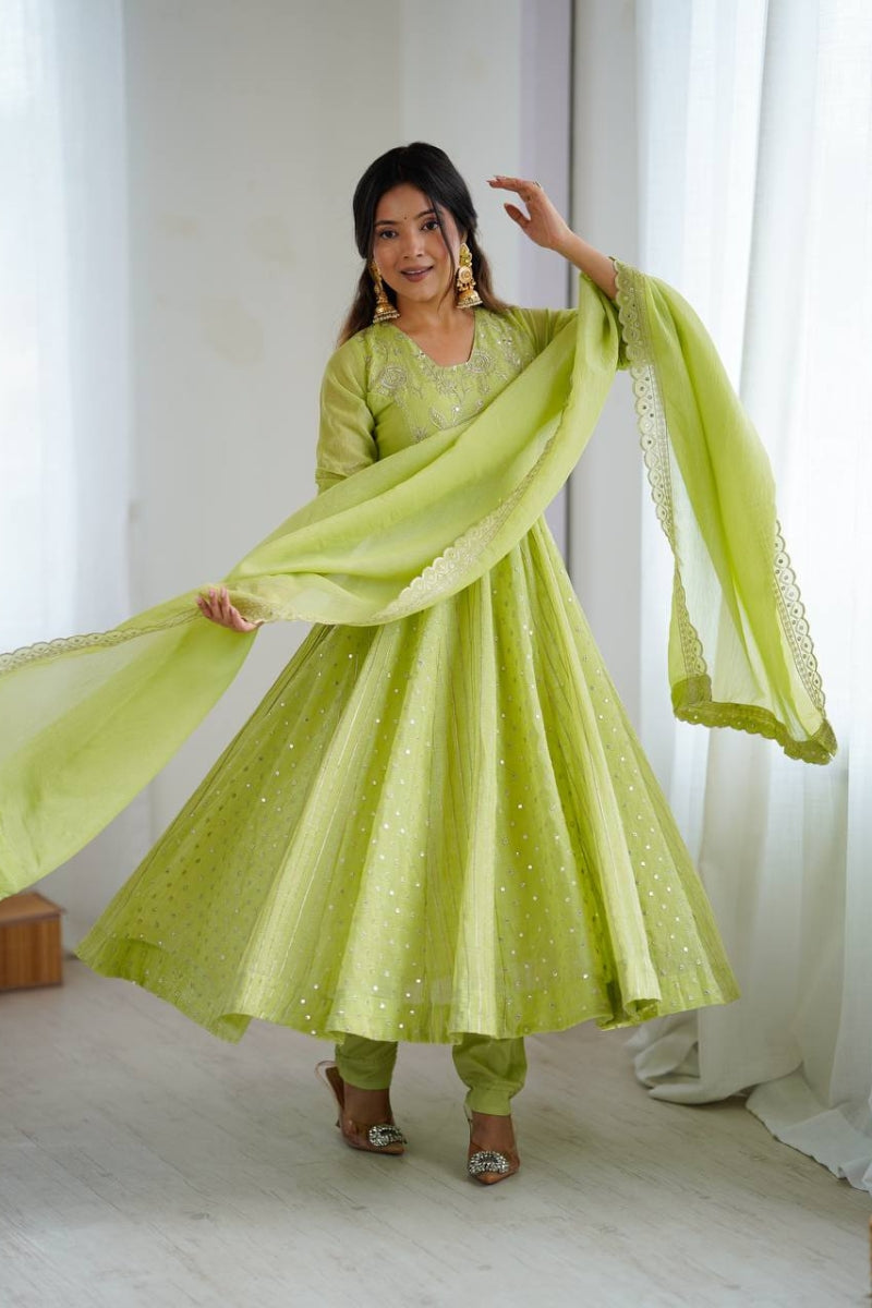 Embroidered Crunchy Silk Anarkali Gown Set with Pant & Dupatta