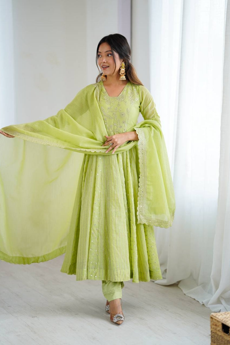 Embroidered Crunchy Silk Anarkali Gown Set with Pant & Dupatta