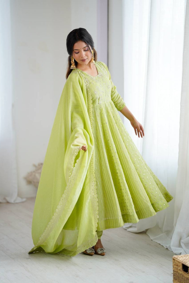 Embroidered Crunchy Silk Anarkali Gown Set with Pant & Dupatta