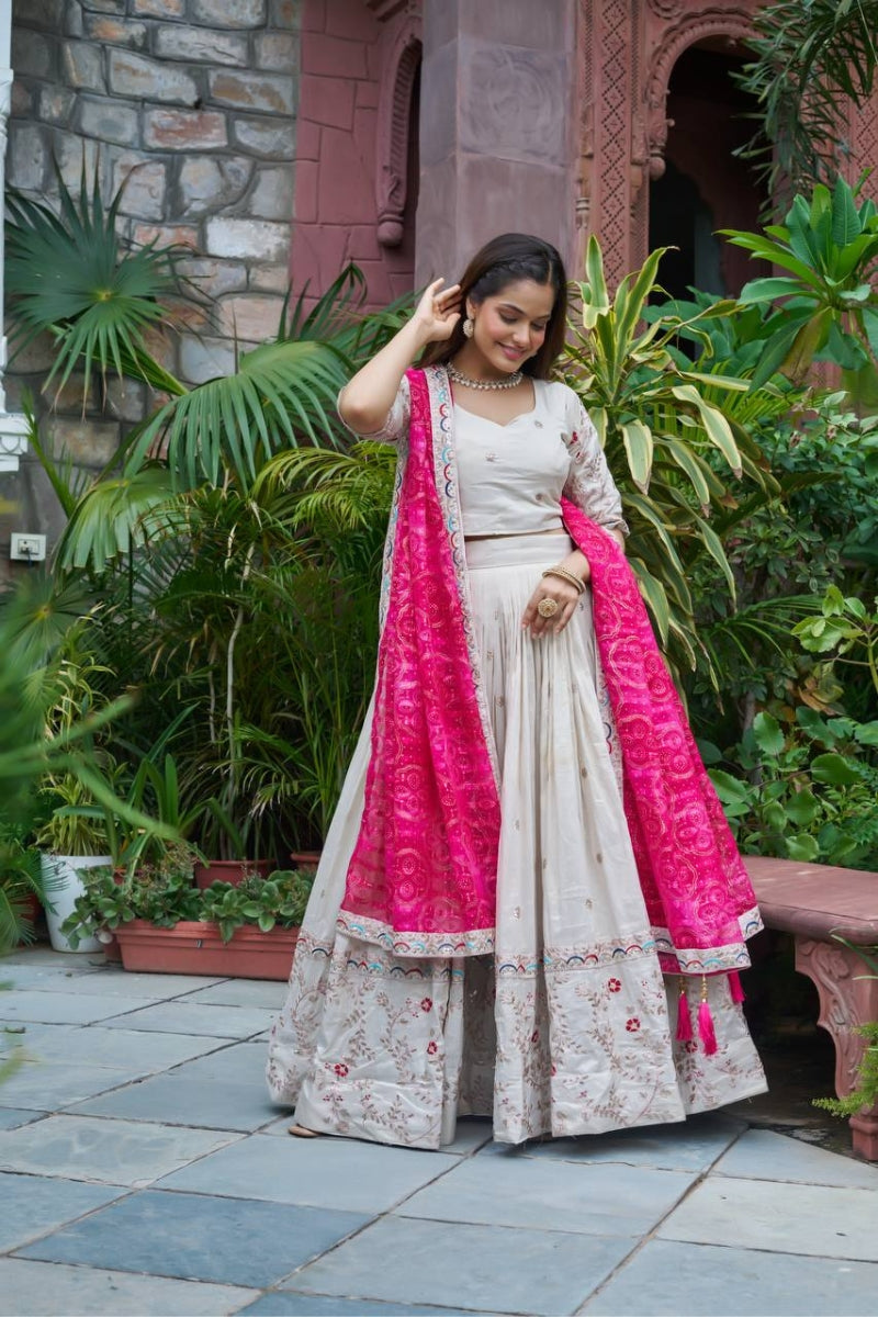 Embroidered Tissue Silk Lehenga Choli Set with Bandhani Dupatta