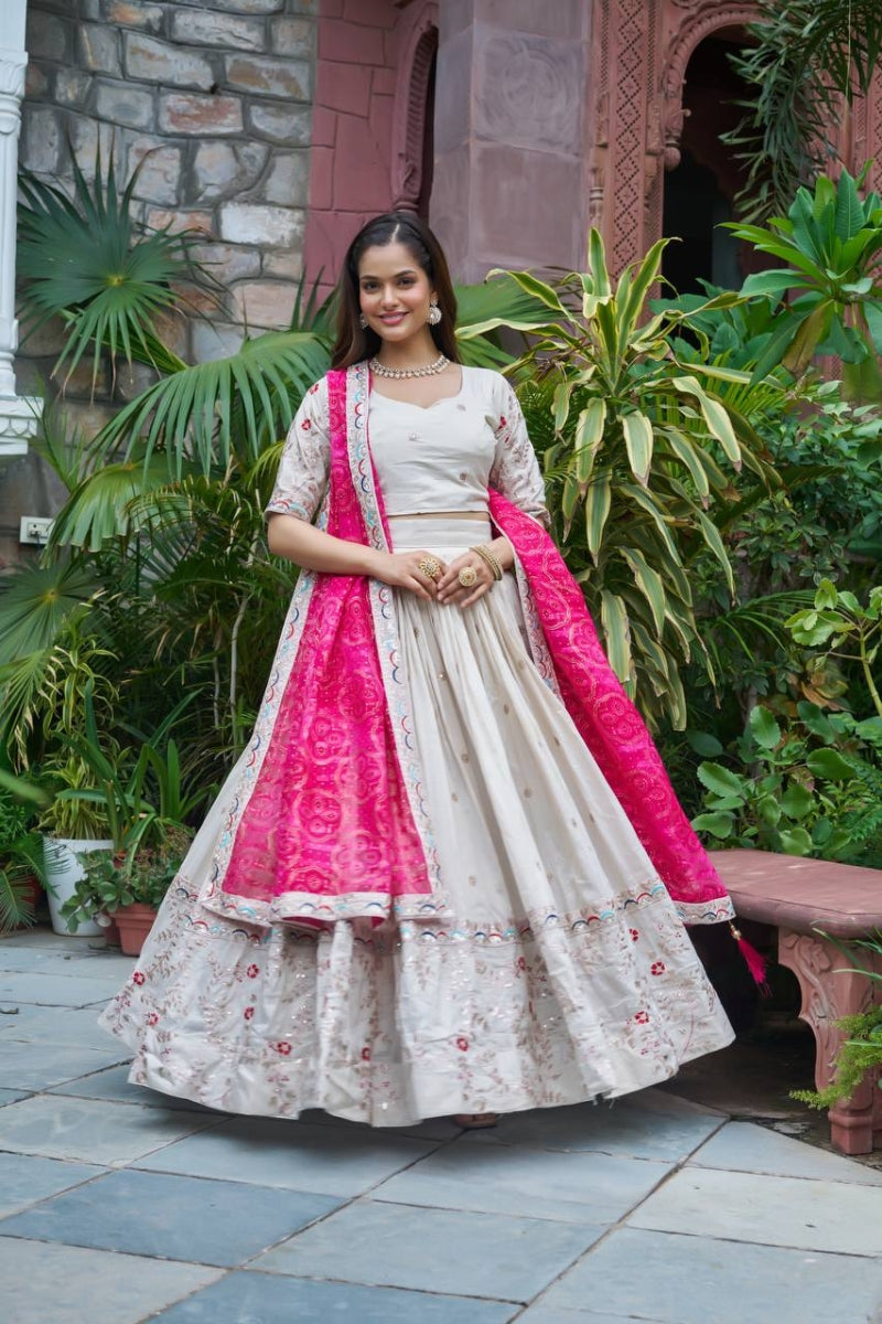 Embroidered Tissue Silk Lehenga Choli Set with Bandhani Dupatta