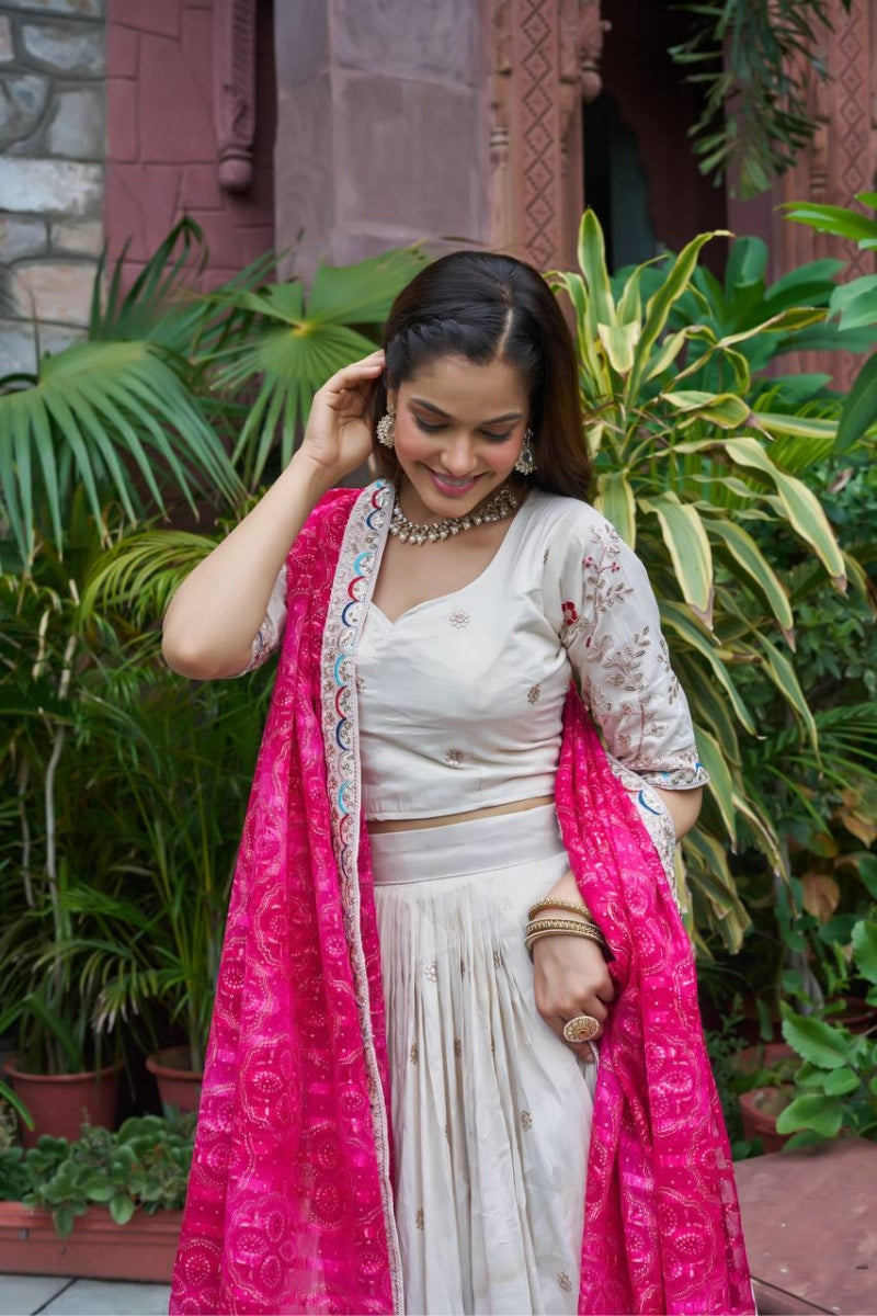 Embroidered Tissue Silk Lehenga Choli Set with Bandhani Dupatta