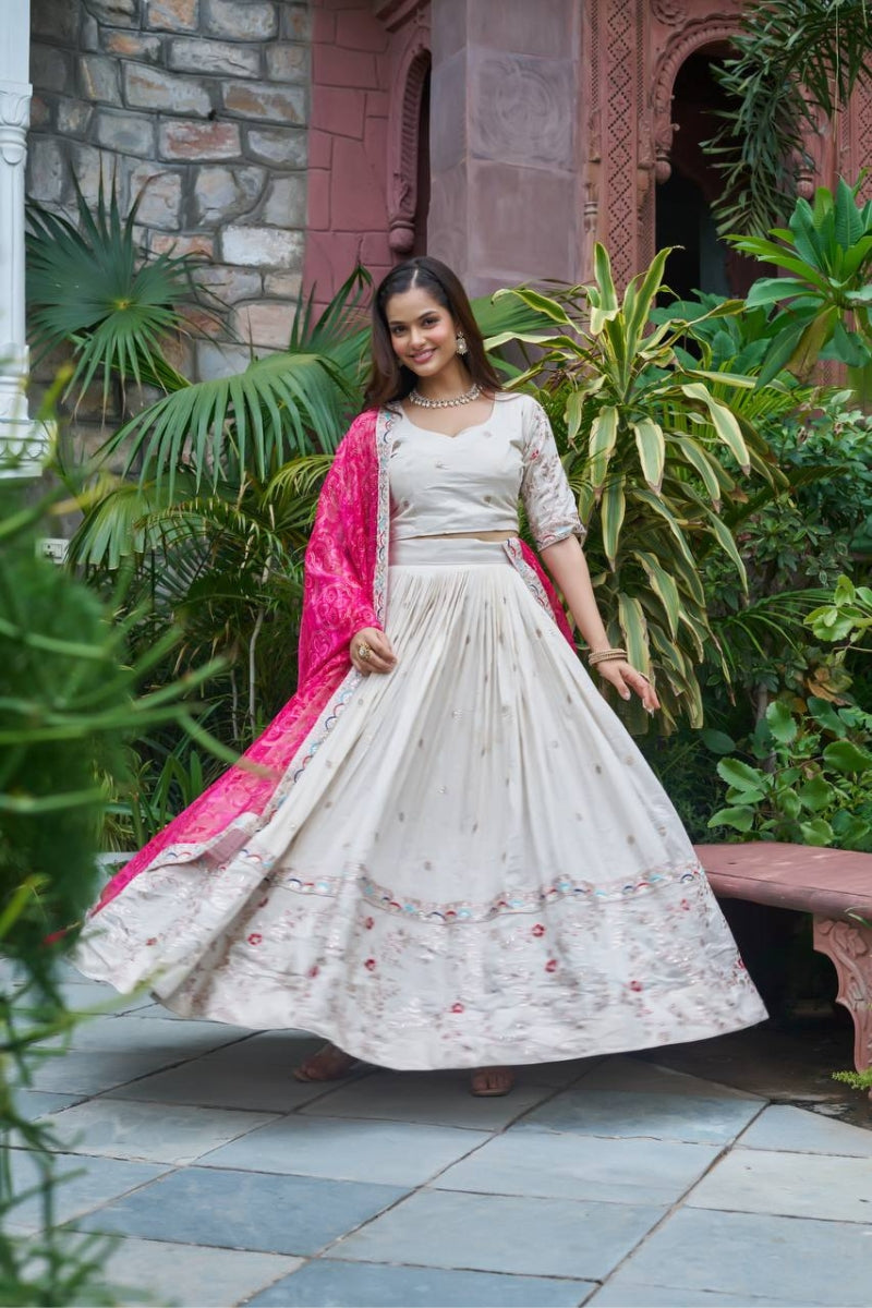 Embroidered Tissue Silk Lehenga Choli Set with Bandhani Dupatta