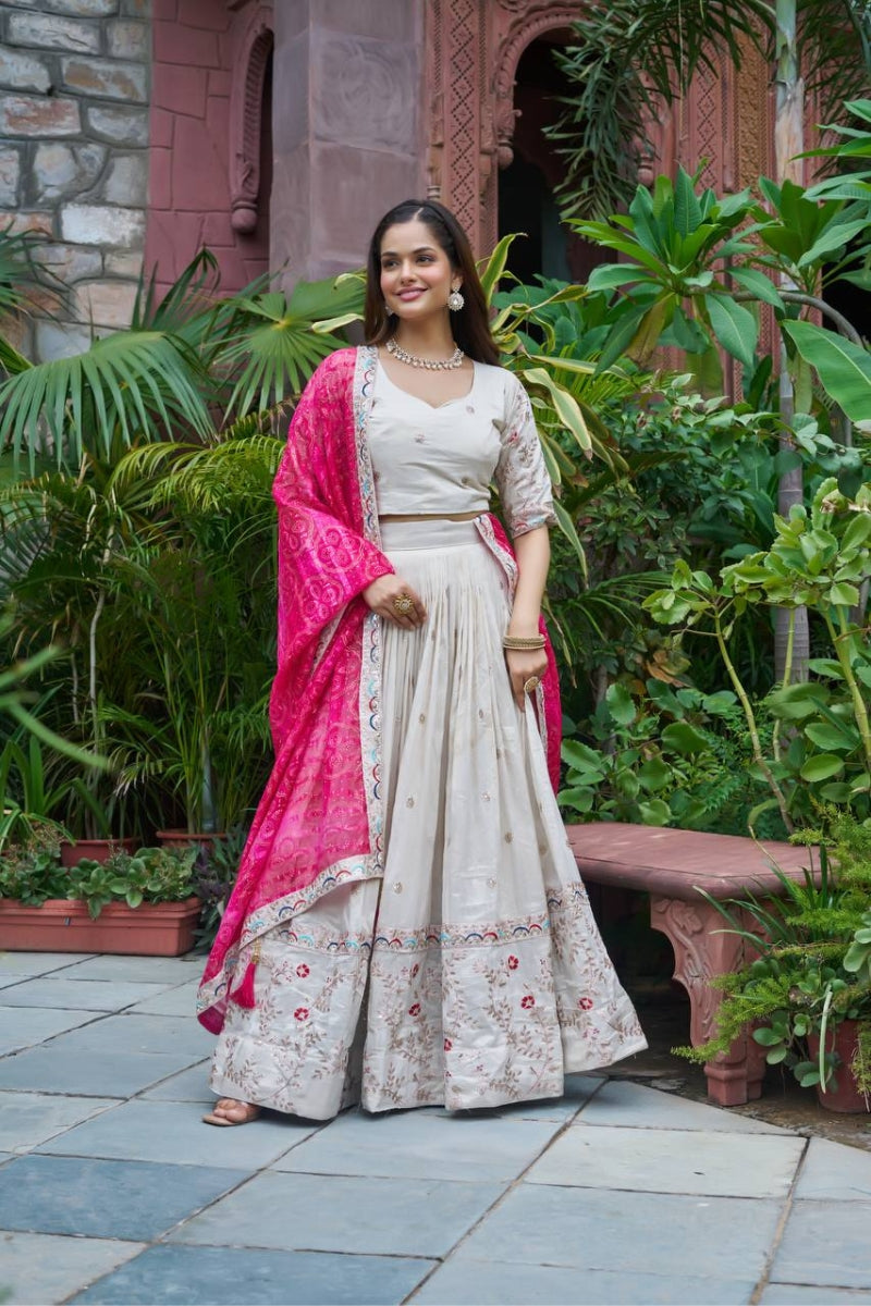 Embroidered Tissue Silk Lehenga Choli Set with Bandhani Dupatta