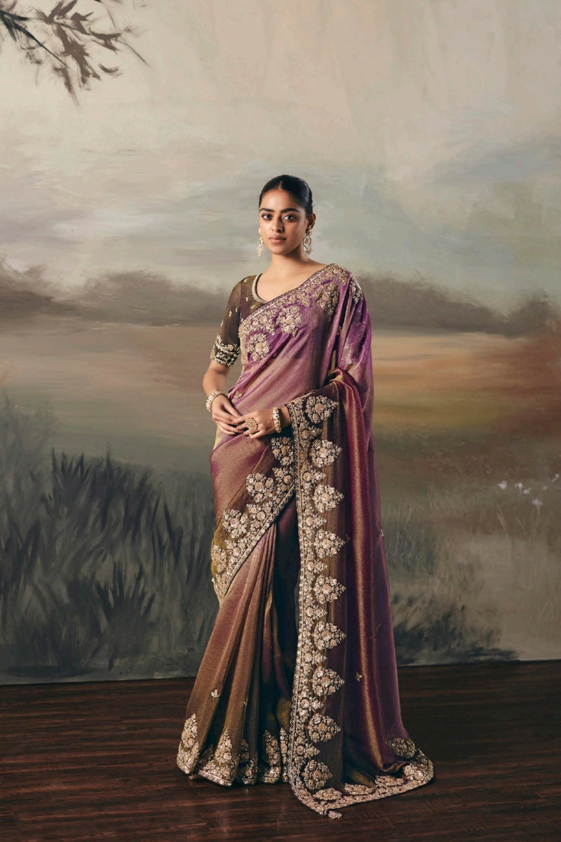 Fancy Tissue Saree with Designer Contrast Handwork Blouse