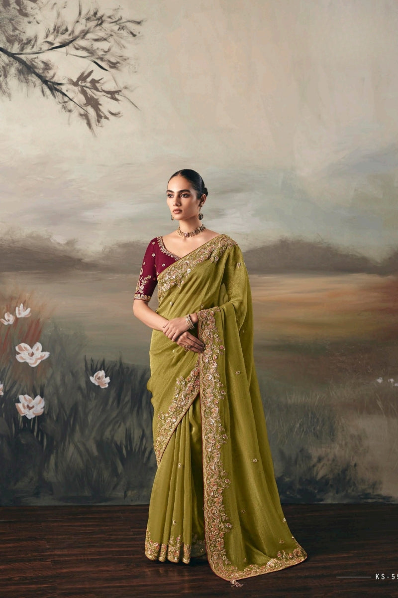 Fancy Tissue Saree with Designer Contrast Handwork Blouse