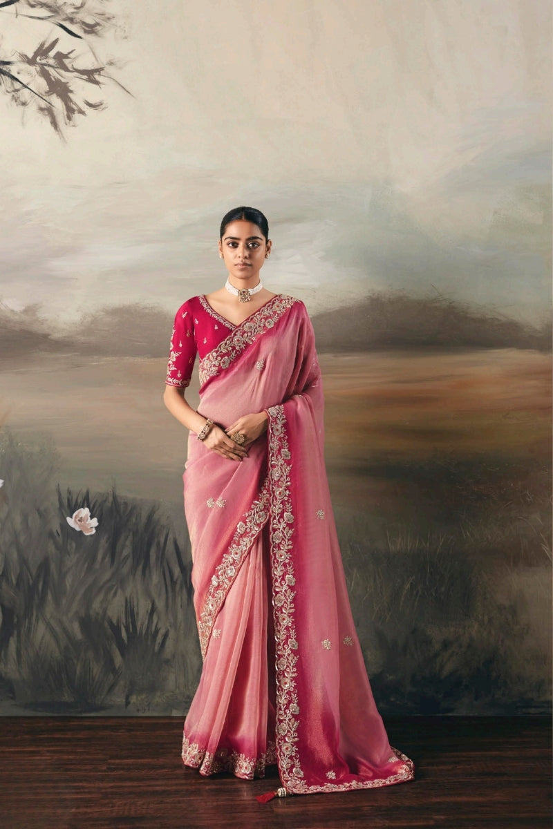 Fancy Tissue Saree with Designer Contrast Handwork Blouse